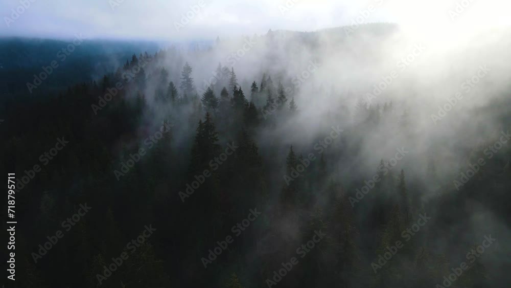 flying drone over the cloudy fog haze of the Black Forest in southern Germany. Black forest View from Mount Blauen to Belchen.