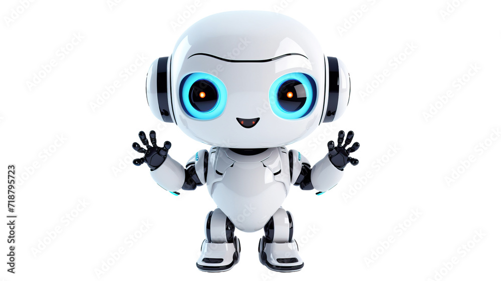 Cute white robot raising his hands in greeting on white background Cute white robot raising his hands in greeting on white background