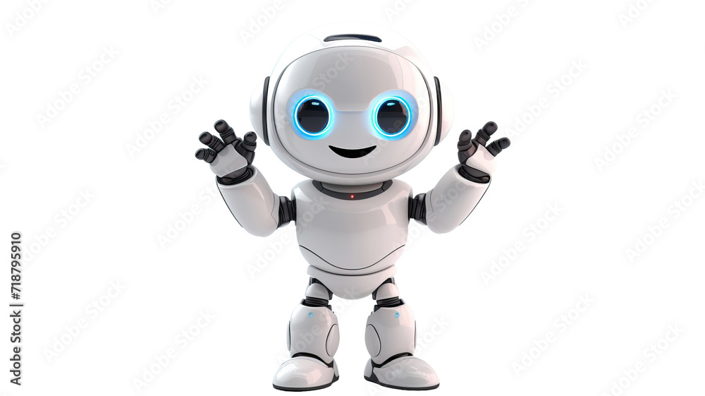 Cute white robot raising his hands in greeting on white background Cute white robot raising his hands in greeting on white background