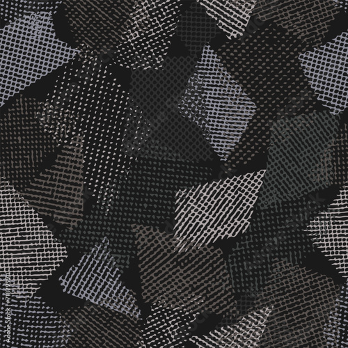 Seamless gray camouflage pattern with random scattered overlapping tulle pieces, patches. Mesh structure. Random composition. For apparel, fabric, textile, sport goods Grunge texture