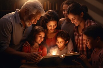 Christian family reading Bible and praying together.