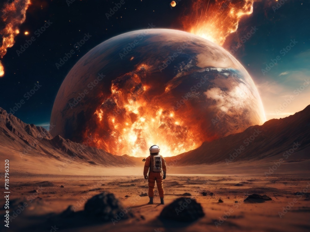 Astronaut on a remote planet. end of the world concept of the atronaut looking at apocalyptic explosion on the earth