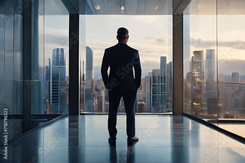 A businessman standing at tall building and seeing through glass window  