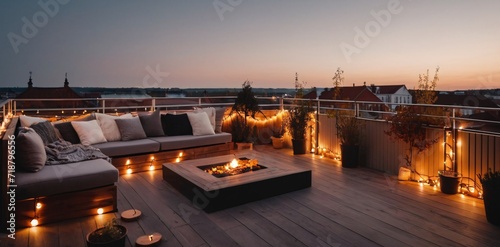 View over a cozy outdoor terrace with outdoor string lights. Autumn evening on the roof terrace design. photo