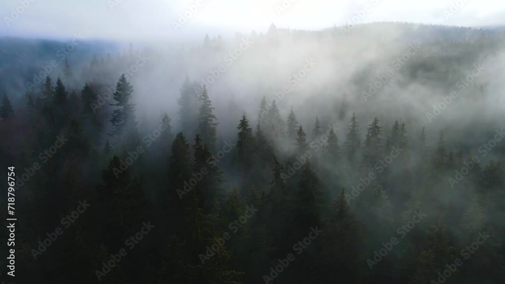 flying drone over the cloudy fog haze of the Black Forest in southern Germany. Black forest View from Mount Blauen to Belchen.