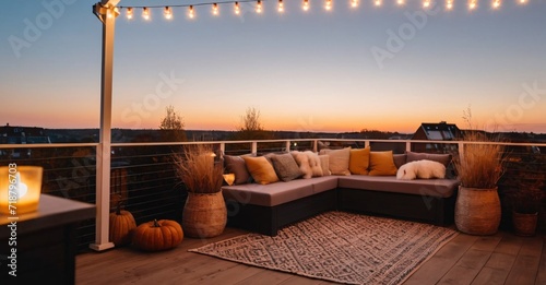 View over a cozy outdoor terrace with outdoor string lights. Autumn evening on the roof terrace design. photo