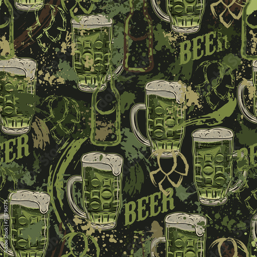 Khaki green grunge camouflage pattern with beer glass, abstract paint splatter, smudges, brushstrokes, blots. Outline silhouette of bottles, hop cones. Random composition.