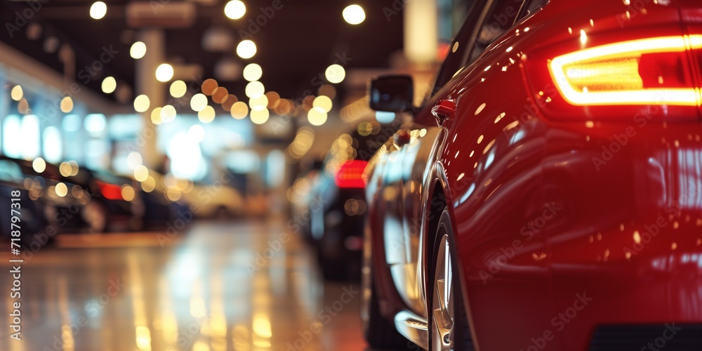 New cars in the showroom show waiting for sale to customer. New cars in the showroom show waiting for sale to customer.