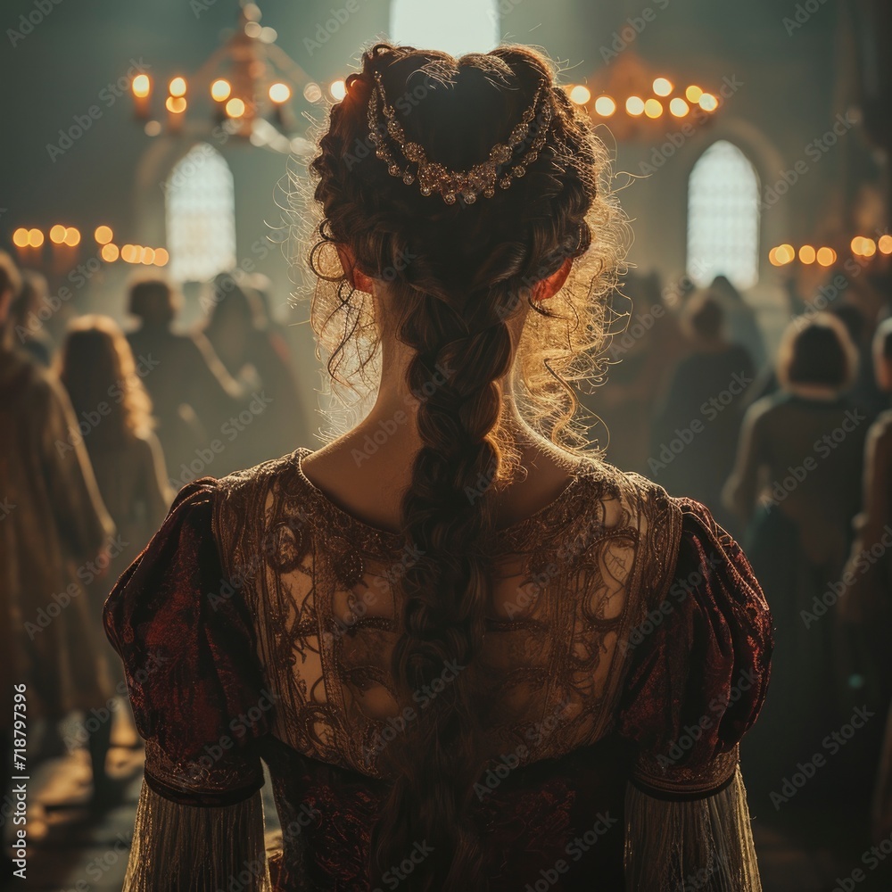 Elegant Woman Viewed From Behind Dons A Timeless Antique Dress And Elegant Woman Viewed From Behind Dons A Timeless Antique Dress And
