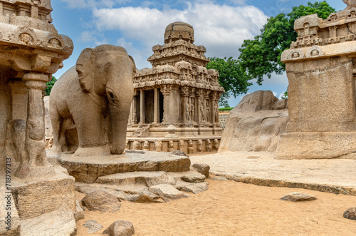 Five rathas complex with  in Mamallapuram, Tamil Nadu, India photo