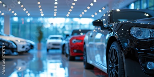 New cars in the showroom show waiting for sale to customer.