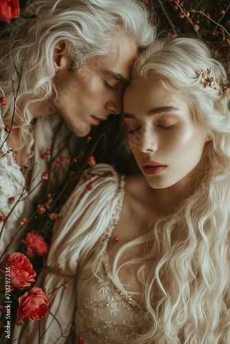 In a medieval fantasy  a blonde man and woman  dressed in regal attire  share an intimate moment  perfect for a romantic book cover capturing the essence of timeless love.