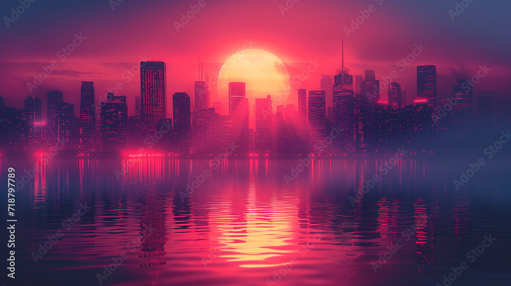 Stunning Pink Sunset Over Reflective Water Against Cityscape Silhouette