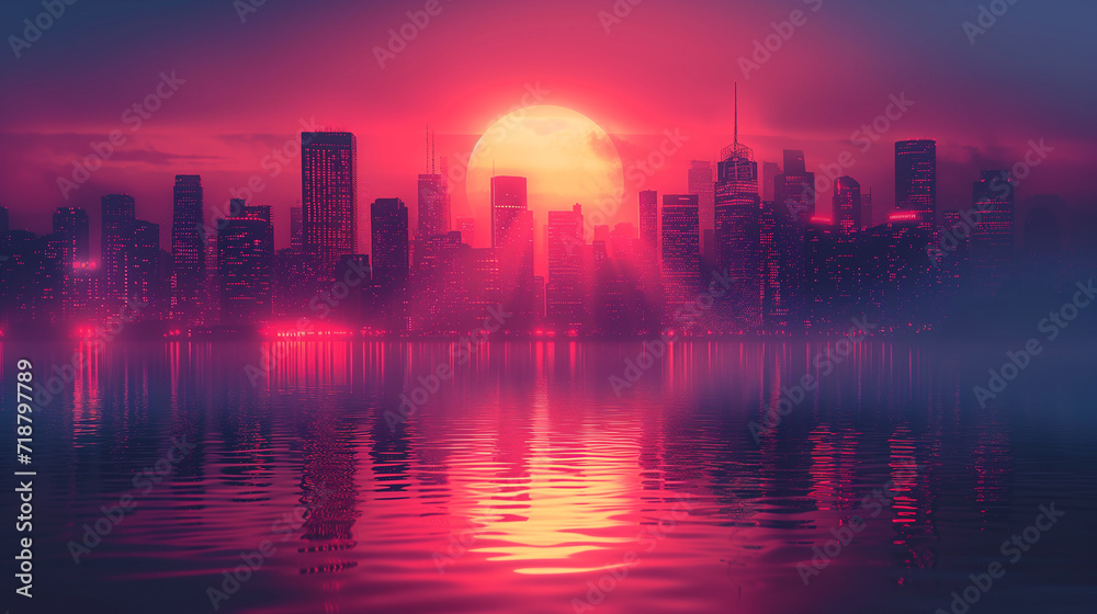 Stunning Pink Sunset Over Reflective Water Against Cityscape Silhouette Stunning Pink Sunset Over Reflective Water Against Cityscape Silhouette