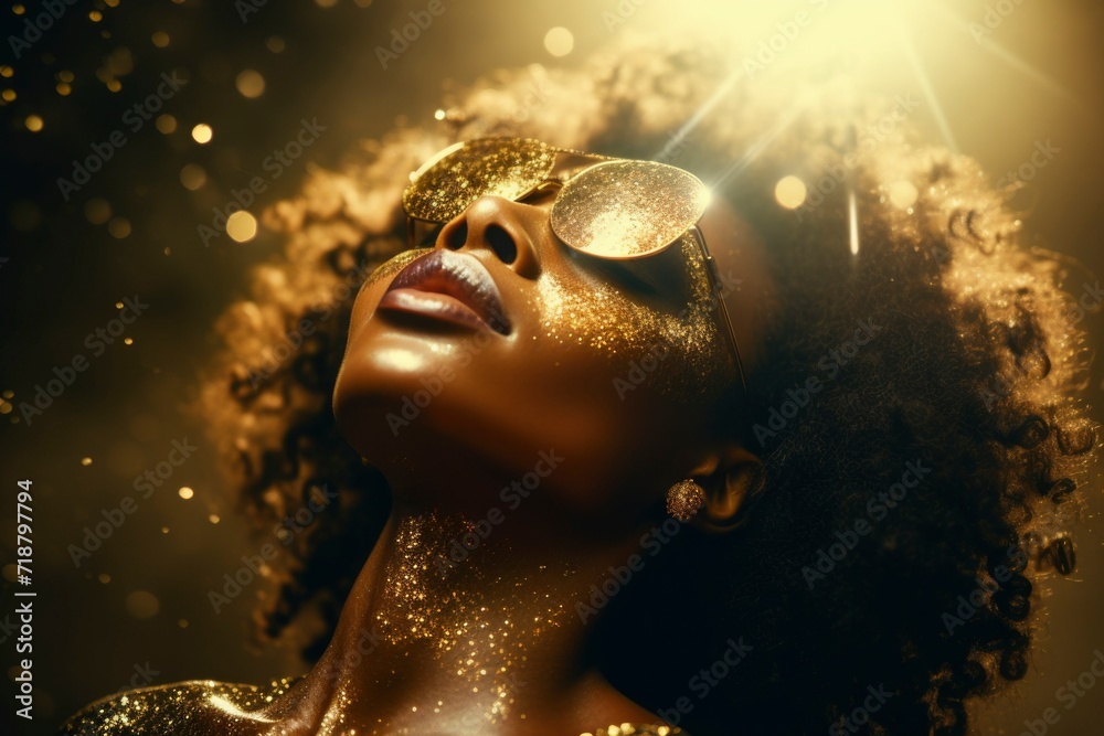 Woman's face adorned with gold sparkles, sunglasses glinting Woman's face adorned with gold sparkles, sunglasses glinting