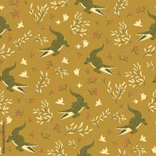 seamless vector pattern with predatory crocodiles and birds