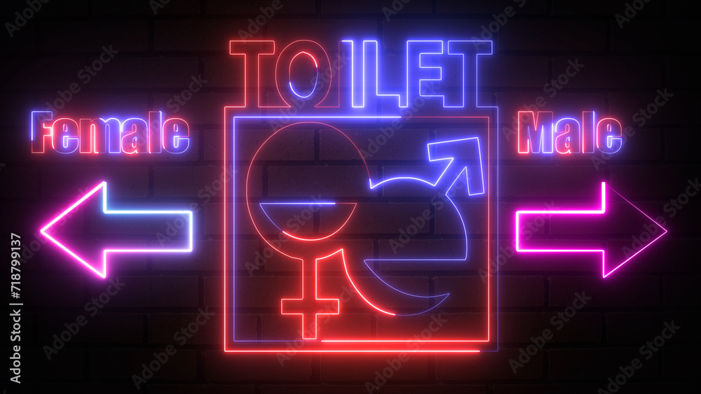 Glowing purple light WC toilet neon sign with Male ad Female icon on bricks wall background. Animated public bathroom symbol with arrow direction on wall