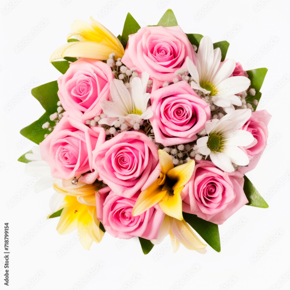 Colorful bouquet on white background shot from above