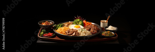 korean food with meat, eggs, vegetables and noodles on black background. Cooked asian ingredients in a platter and bowls on a wood serving platter with copys pace for text. Generative AI. photo