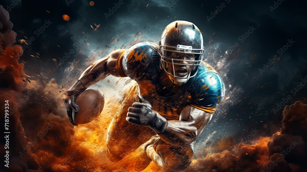 Extreme NFL sport, american football black player, splash background