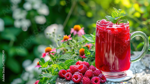Raspberry smoothie served in blooming garden, healthy refreshing summer drink