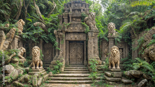 Ancient Temple Entrance Surrounded by Lush Greenery