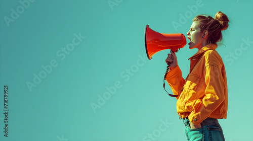portrait of young feminist girl holding loudspeaker in hands promoting feminism to society, stand isolated over pink background. Generative Ai