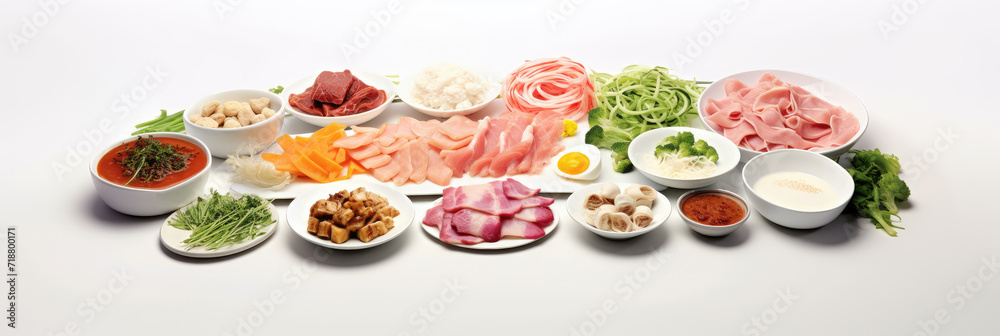 Raw korean food with meat and vegetables on white background. Asian ingredients for cooking in white plates and bowls on white marble serving platter. Generative AI. Raw korean food with meat and vegetables on white background. Asian ingredients for cooking in white plates and bowls on white marble serving platter. Generative AI.