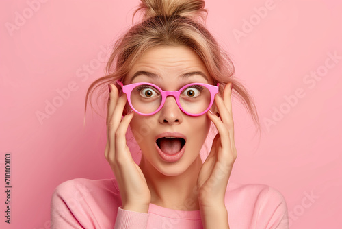 Surprised Young Woman with Pink Glasses photo