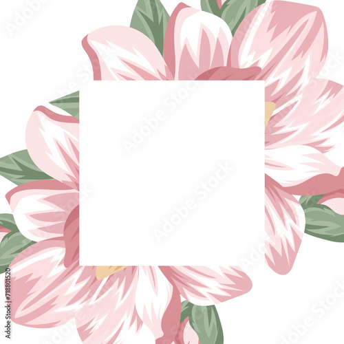 template for a holiday card or invitation in a floral style, namely with open buds of spring, pink magnolias and an empty square in the middle for a greeting text, vector