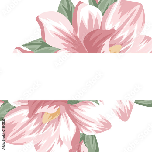 template for a holiday card or invitation in a floral style, namely with open buds of spring, pink magnolias and an empty white rectangle in the middle for a greeting text, vector