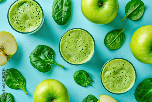 Glasses of spinach and apple smoothies on light blue background. Top view.