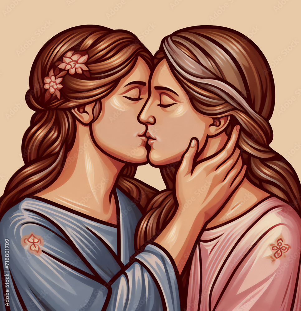Illustration of a kiss between two girls set in ancient Rome. Love concept. Made with artificial intelligence