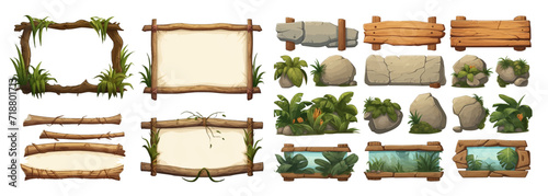 Collection of Natural Wooden and Stone Frames with Lush Greenery for Game UI, Isolated Elements for Eco-Friendly Design © Zaleman