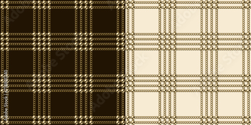 Seamless vintage square pattern with golden jewelry chains, beads. Geometric square classic grid with 4 four chains in a row. Vector illustration in vintage style