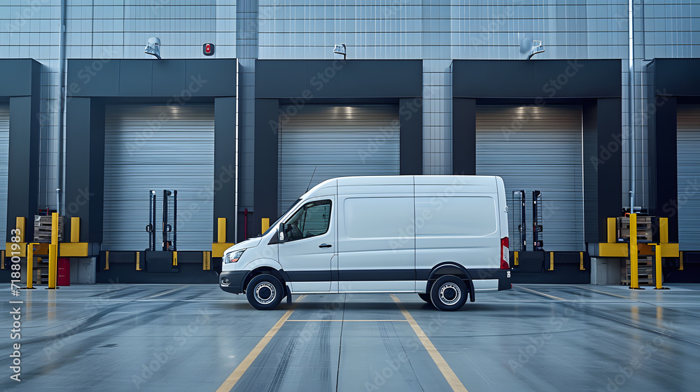 Photo from the side of white van waiting to load packages for further delivery to customers. Logistics and delivery concept Photo from the side of white van waiting to load packages for further delivery to customers. Logistics and delivery concept