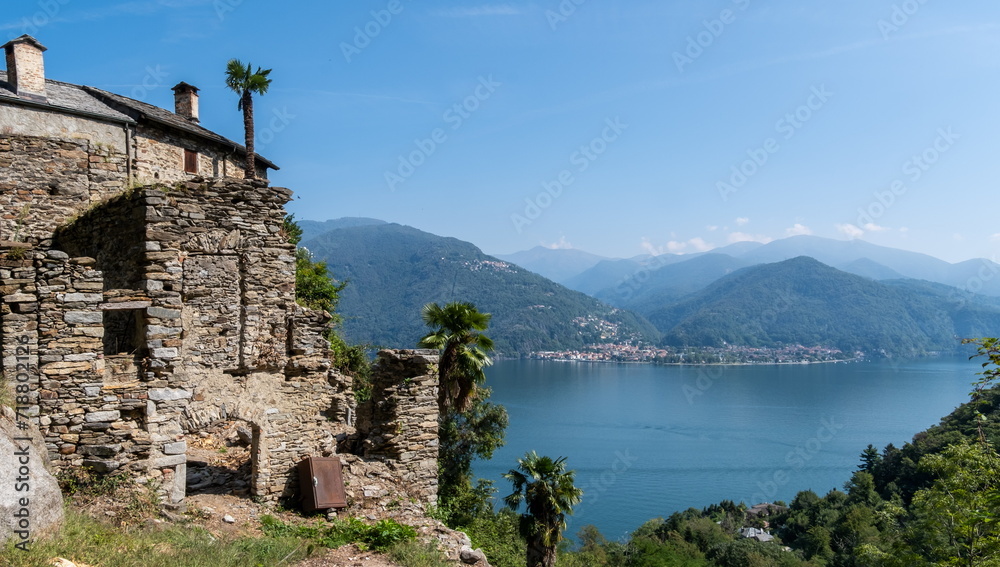 view of Lago Maggiore from a beautifully preserved medieval village Carmine Superiore. Cannobio. Italy