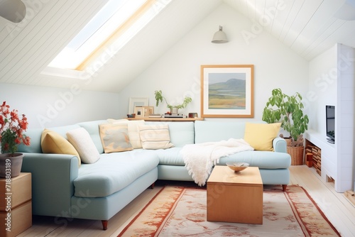 attic nook with a low sofa, soft rug, and skylight above photo