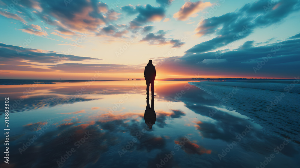 A lonely silhouette of person standing in shallow water against the backdrop of endless evening landscape. Photo from behind - obrazy, fototapety, plakaty 