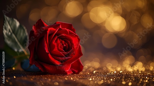 red rose on gold shimmering background