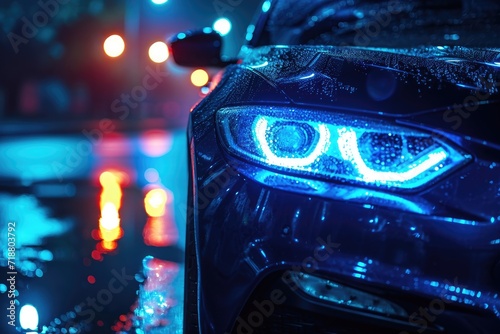 Blue headlights on a car. Generative Ai.