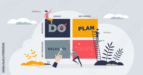 Priority matrix with important and urgent task management tiny person concept. Framework for effective time management and essential work productivity model vector illustration. Do, plan or delegate.