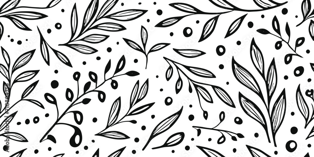 Seamless pattern, vector drawing of leaves and plant elements, natural background Seamless pattern, vector drawing of leaves and plant elements, natural background