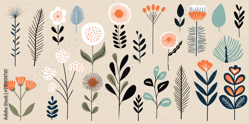Hand drawn plant elements, flowers and leaves, vector design	