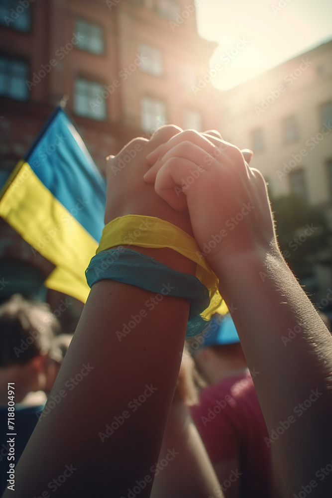 Fototapeta premium Two individuals clasp hands symbolically below the Ukrainian flag, representing solidarity and hope during a sunset.