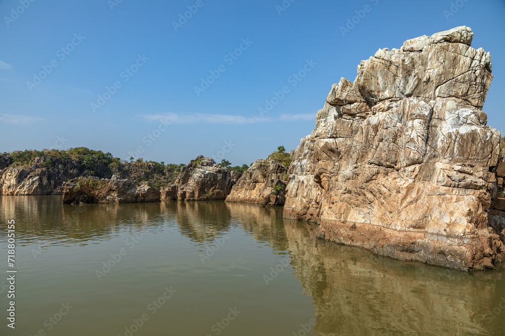 Jabalpur, Madhya Pradesh/India : October 24, 2018 – Dhuandhar waterfall in Narmada river at Bhedaghat, Jabalpur.