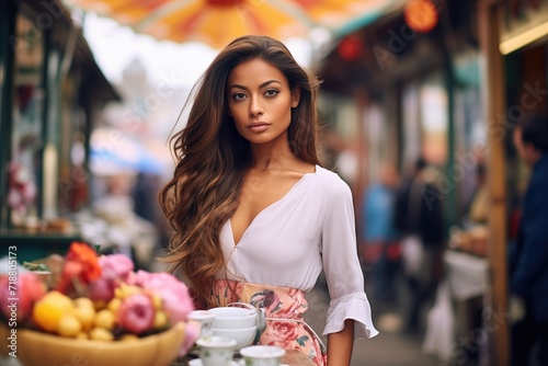 model posing by street vendors and cafes