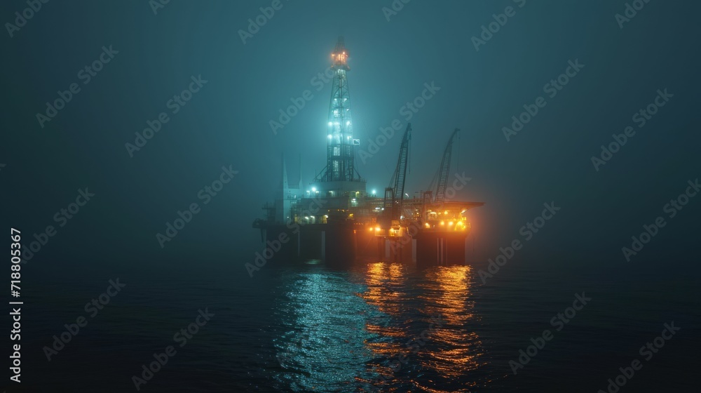 A lone deep-sea drilling vessel illuminated by the eerie glow of underwater lights.