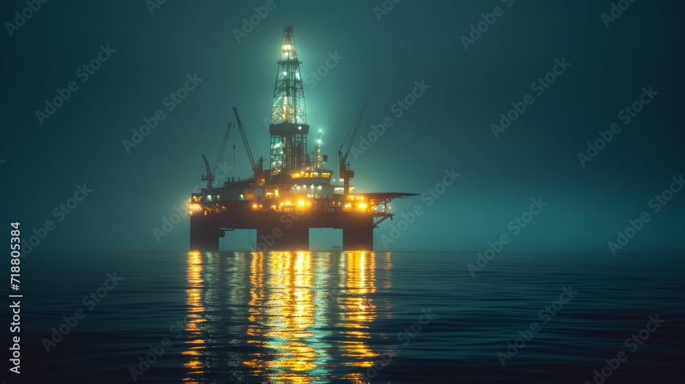 A lone deep-sea drilling vessel illuminated by the eerie glow of underwater lights.
