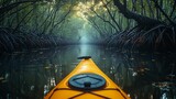 A kayak tour through a serene mangrove forest, focusing on aquatic ecosystems.